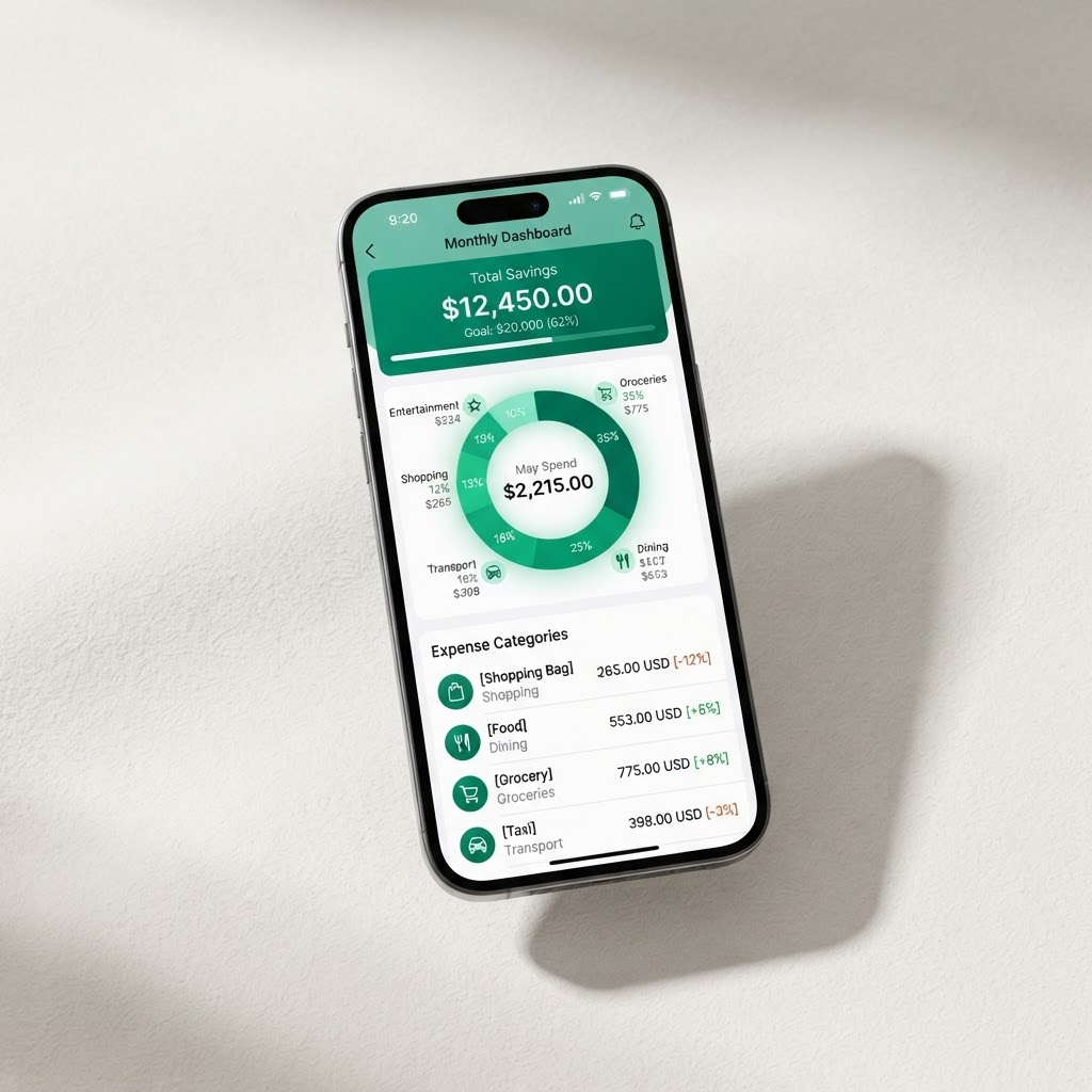 Rewards Economia app showing a monthly spending dashboard and savings balance